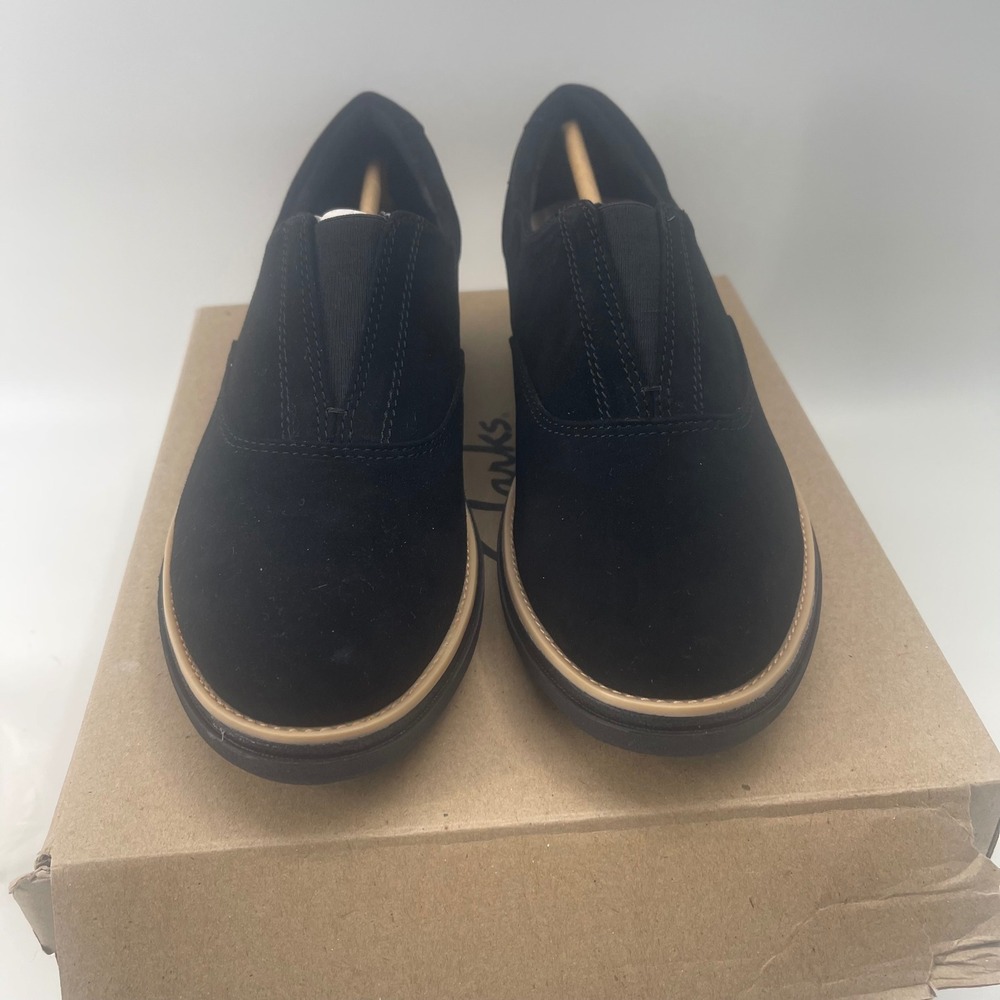 Clarks Sharon Sail Black Suede Wedge Loafers Womens 7.5 M Slip On Shoes NEW - Picture 3 of 6